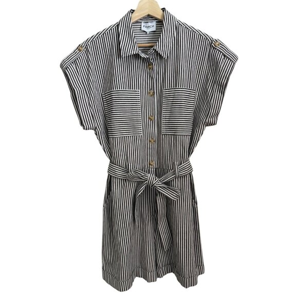 FRNCH Paris Striped Belted Romper Brown White Large Smart Coastal Preppy - Picture 1 of 9